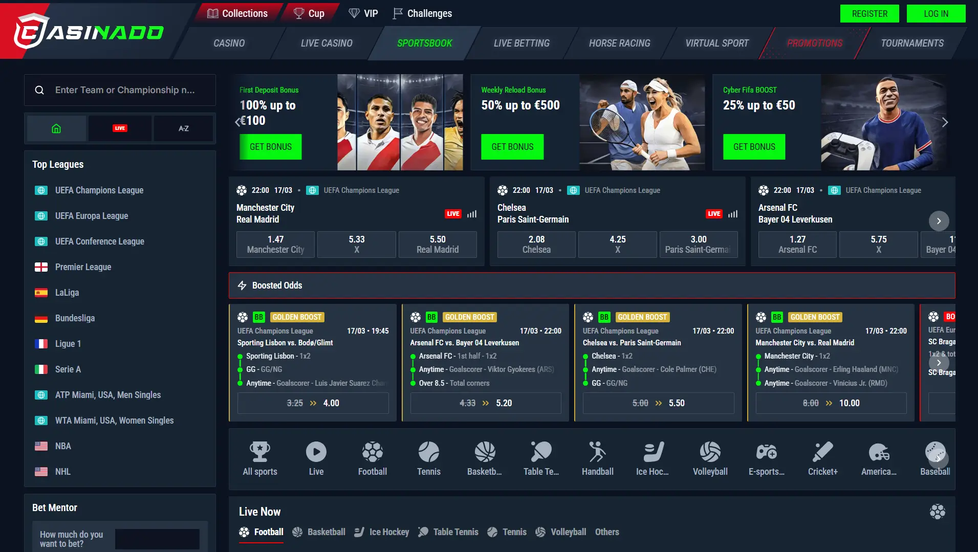 Σελίδα sportsbook Casinado με ζωντανά στοιχήματα ποδοσφαίρου και αποδόσεις